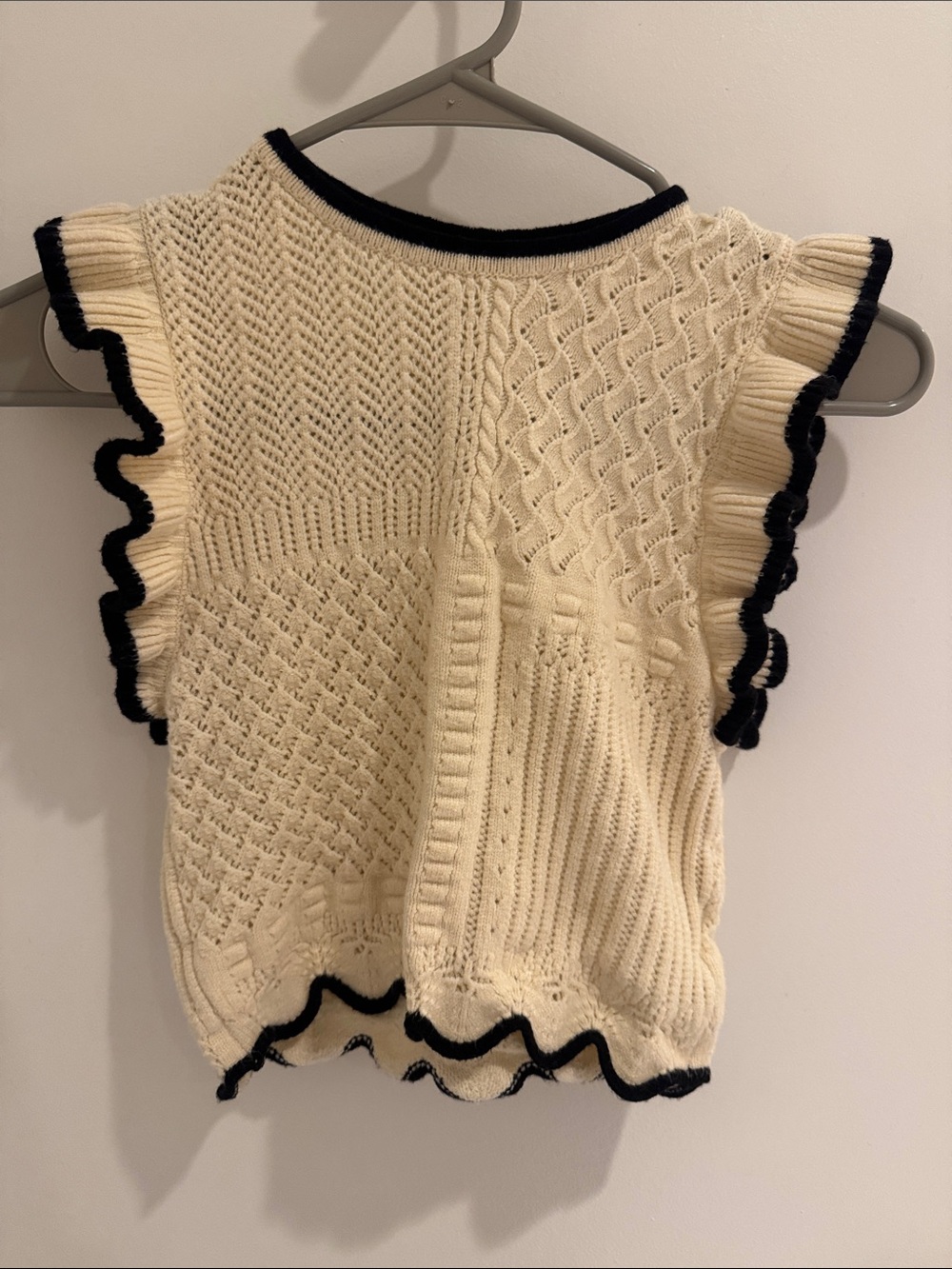 Cream Knit Ruffle Sleeve Sweater with Black Trim